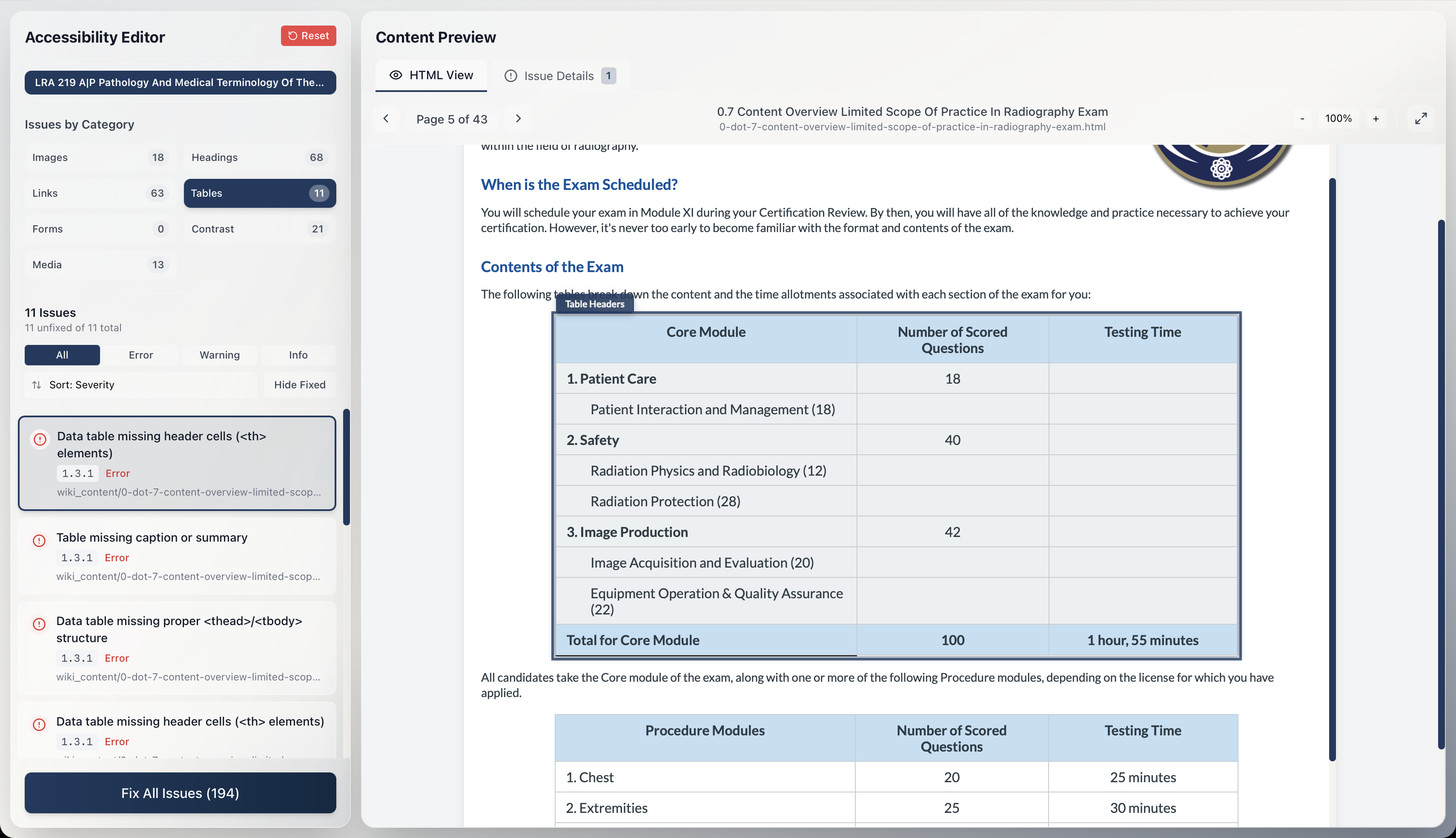 FairStart issue detection interface showing categorized accessibility violations